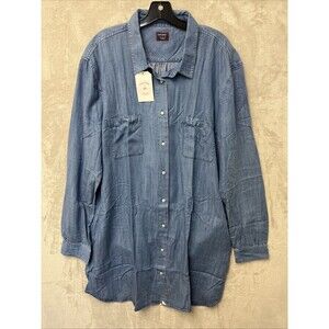 Untuckit Dress Women's 18 Blue Chambray Denim Tunic Long Sleeve‎ Tencel New